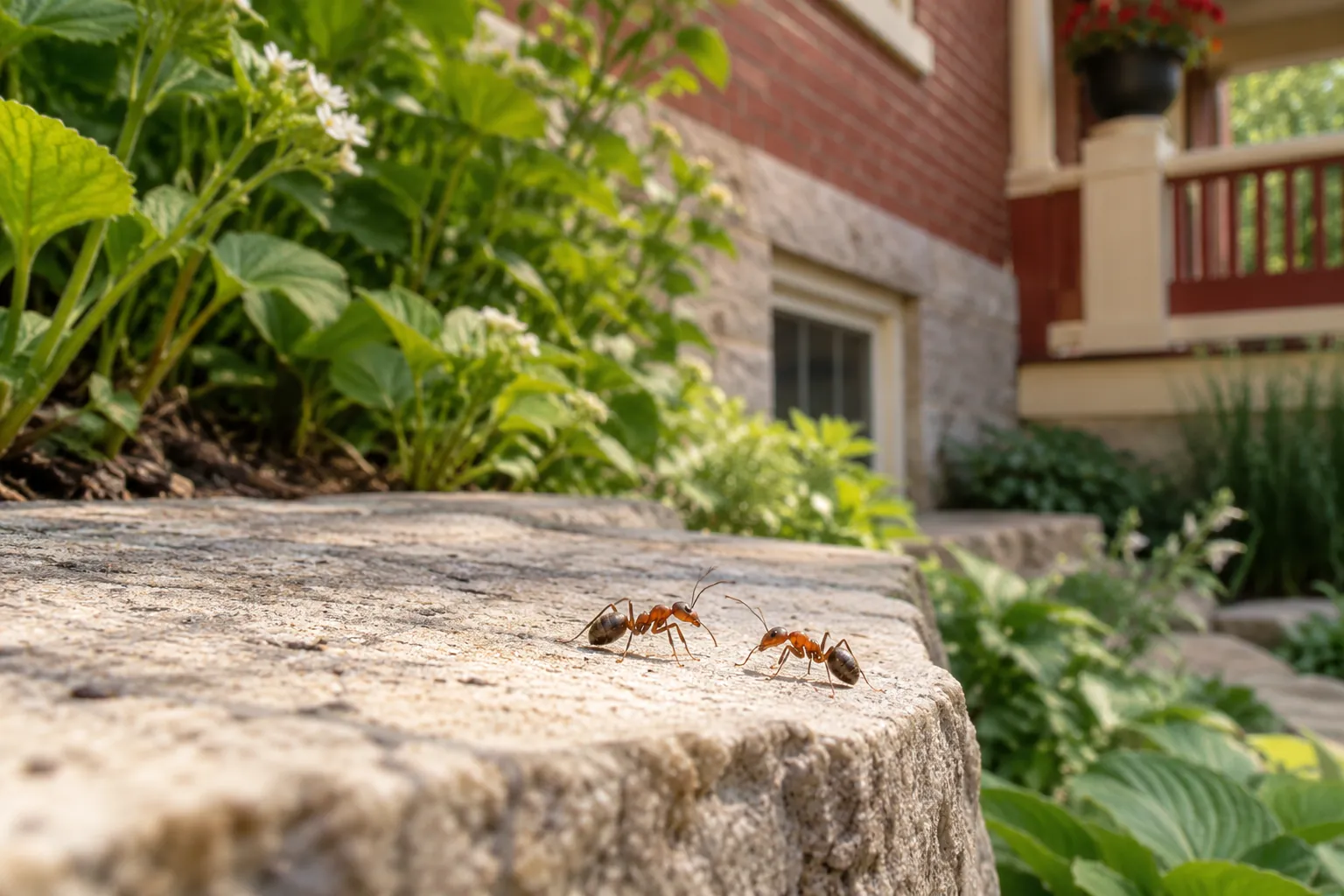 Two ants on a stone garden edge beside an exterior wall