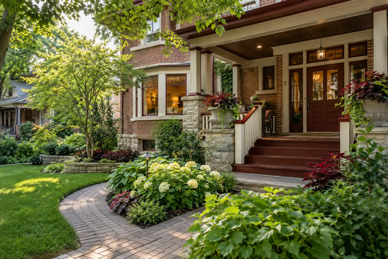 Welcoming Lincoln style home entrance with a planted garden