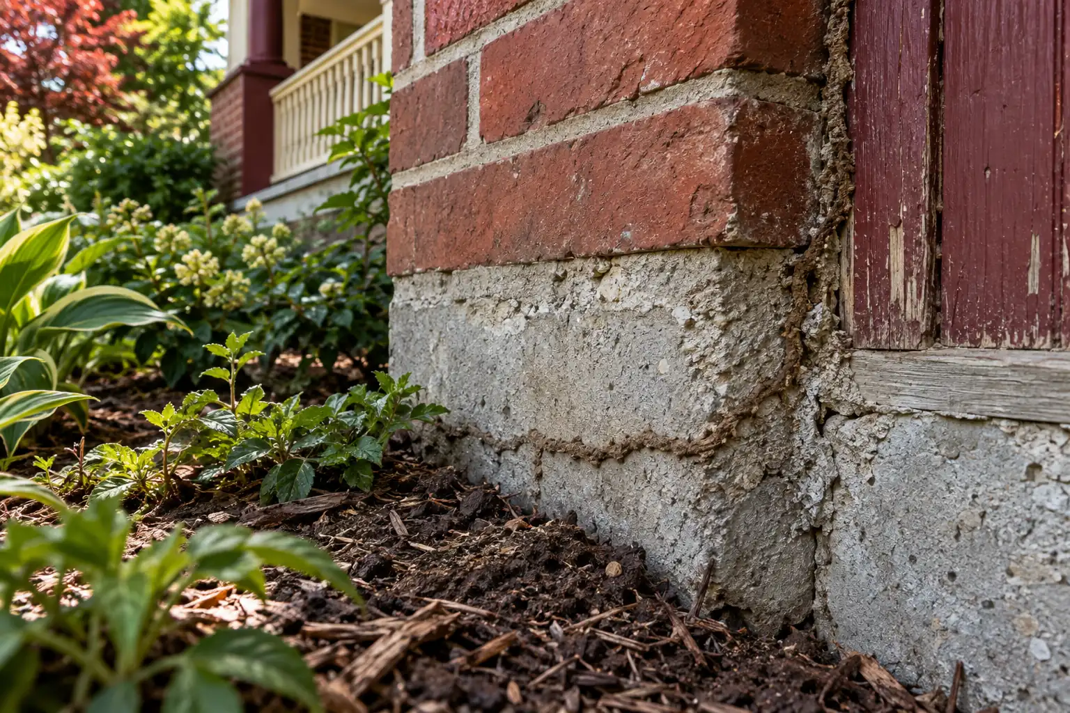 Earthen termite mud tube along a foundation and timber trim